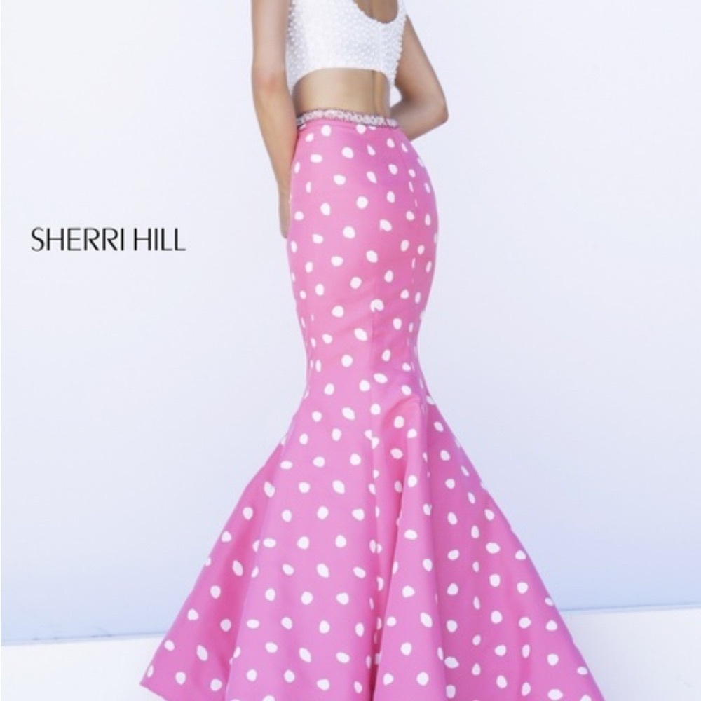 Sherri Hill Pink Polka Dot Mermaid skirt and pearl crop top size 10
